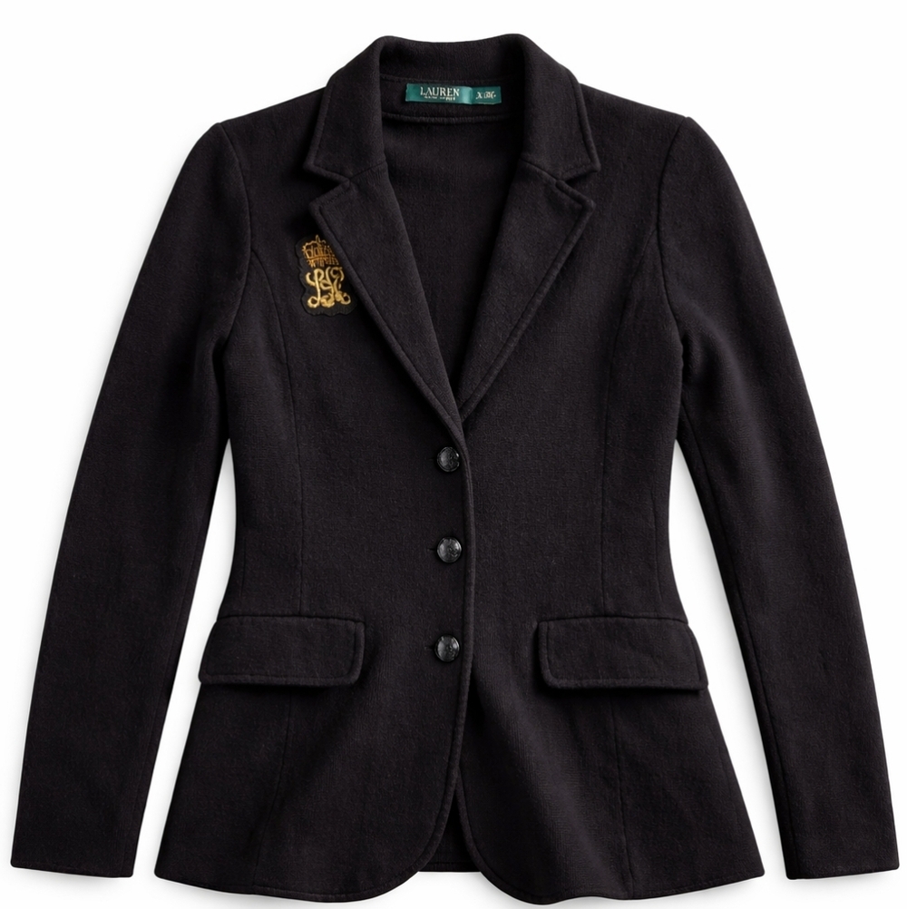 🖤 Lauren Ralph Lauren Black Knit Blazer w/ Gold Crest – Size L
